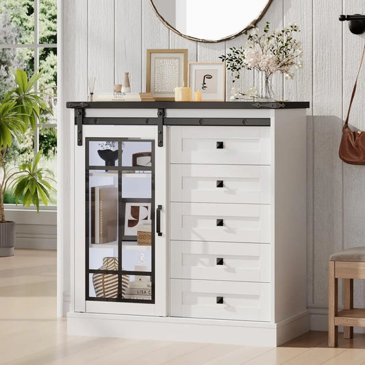 6 Drawer Dresser with Slide Glass Door Chest of Drawers