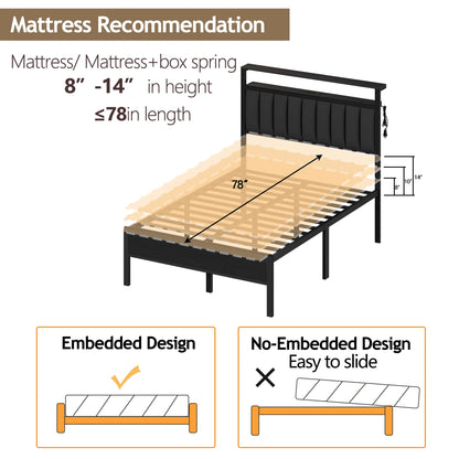 Full/Queen size bed frame with charging station, LED