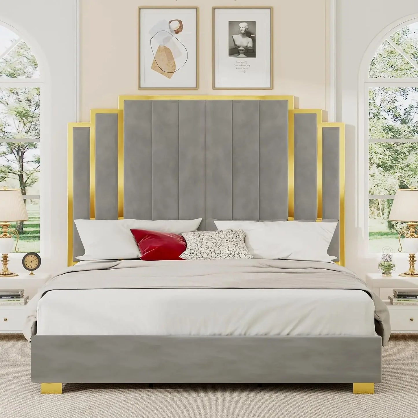 Queen & King Size Platform Bed Frame with Extra Tall Headboard