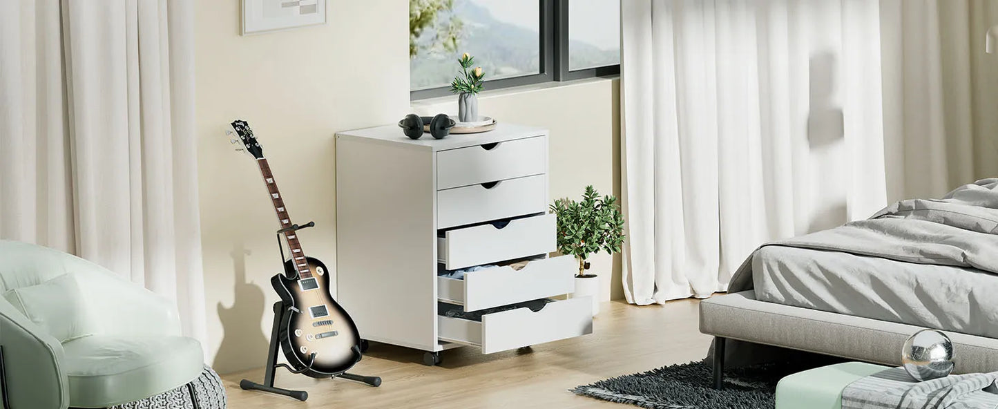 JHK Wood Nightstand Cabinet 5 Drawers Waterproof Surface Storage Organizer File Office Easy To Move Bedside Table Rotating Wheel