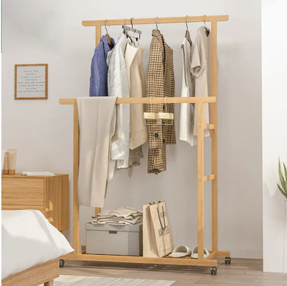 Double Hanging Rails Coat Rack with Storage Shelves