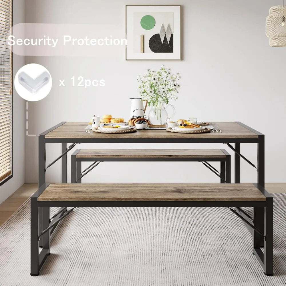 Dining Table Set for 4, with 2 Benches, Dinner Table Set with Metal Frame, Space-Saving Dinette, Dining Room Set
