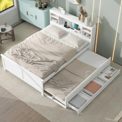Full & Twin Storage Bed With Bookcase Headboard Wood Platform