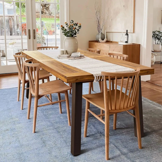 Acacia Wood Dining Table 6-Person Indoor Outdoor Tables with Iron Legs, Sandblast Finish, Natural Stained, Dining Table