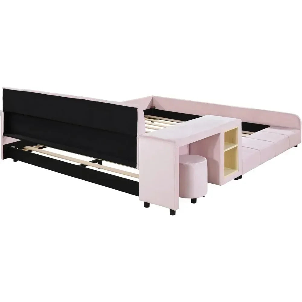 Queen Size Bed Frame with Bedside Desk and Little Round Stool