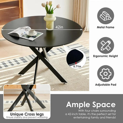 5 Piece Circle Dining Table Set for 4, 42 Inch Black Table & Velvet Upholstered Chairs With Sturdy Metal Legs, Round Kitchen