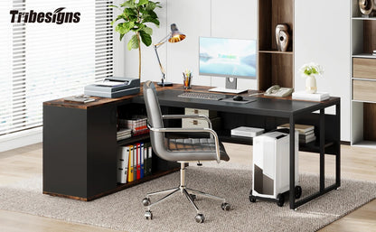 71 inch Executive Desk, L Shaped with Cabinet Storage