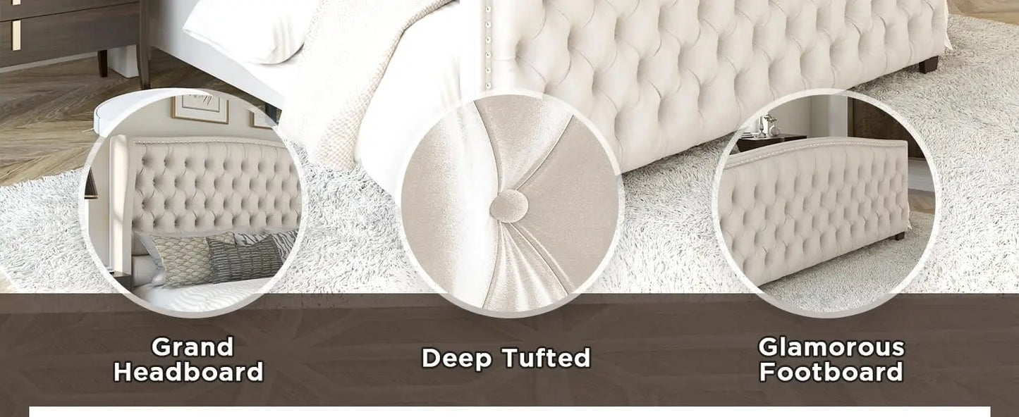 King& Queen Size Bed Frame, Velvet Upholstered