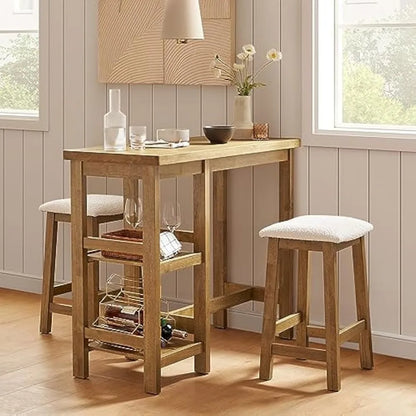 Solid Wood Counter Table Set with 2 Boucle Stools, 3-Piece Small Dining Kitchen Island Table Set for 2, with Storage