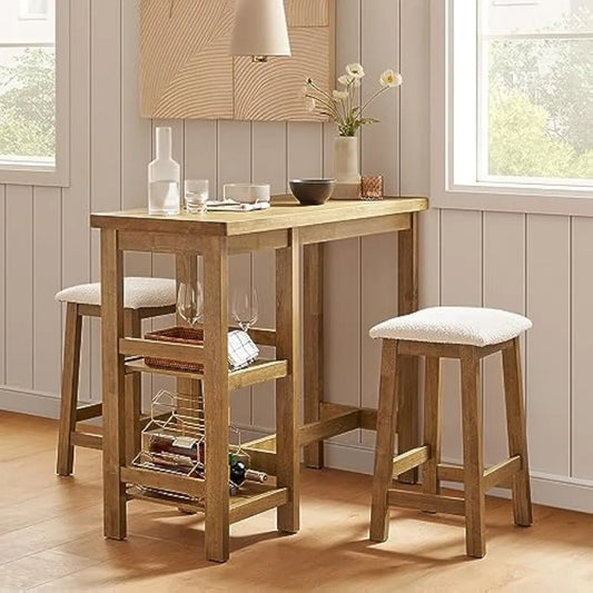Solid Wood Counter Table Set with 2 Boucle Stools, 3-Piece Small Dining Kitchen Island Table Set for 2, with Storage
