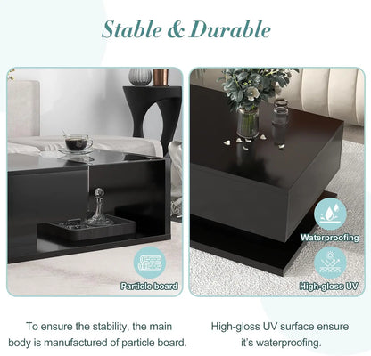 Coffee Table with Tempered Glass, Cocktail Table with High-Gloss UV Surface, Modernist 2-Tier Center Table for Living Room