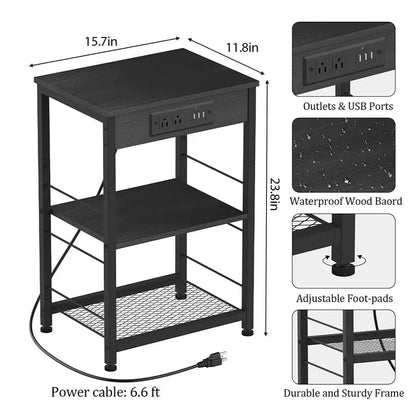 Bedside table with charging station, 3-story side table with USB port and socket, side table with living room with storage rack