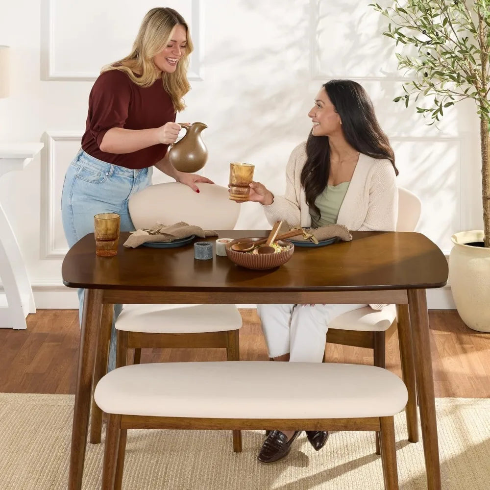 Mid-Century Modern Wood Dining Kitchen Table & Chair Best Choice Products 4-Piece Set w/ 2 Upholstered Chairs, Bench Seat -Brown