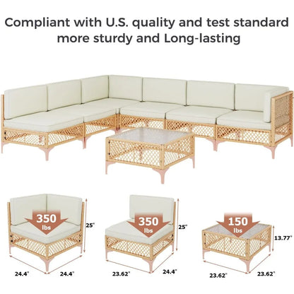 7 Piece Outdoor Patio Furniture Set, Outdoor Set with Glass Table and Cushions