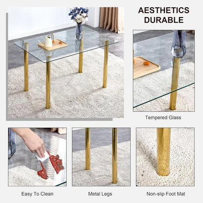 5 Pcs Modern Clear Glass Dining Table Set, 51'' Luxury Rectangular Kitchen Table Set, 4 Person Minimalist Dinner Room Table Set