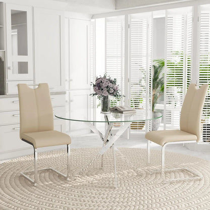 5-Piece Round Dining Table Set for 4, 47" Small Circle Tempered Glass Kitchen Table Set with Chrome Silver Leg, Upholstered