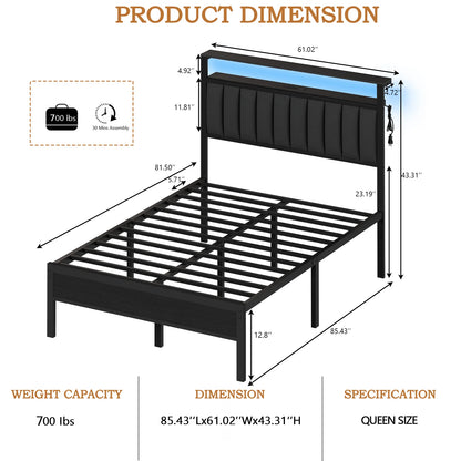 Full/Queen size bed frame with charging station, LED