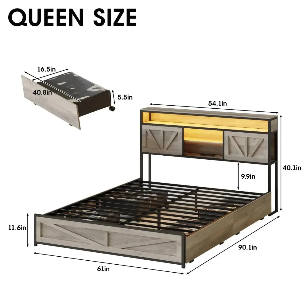 Queen Size Bed Frame with 4 Drawers