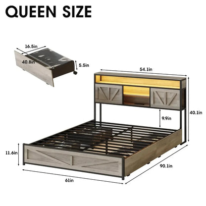 Queen Size Bed Frame with 4 Drawers