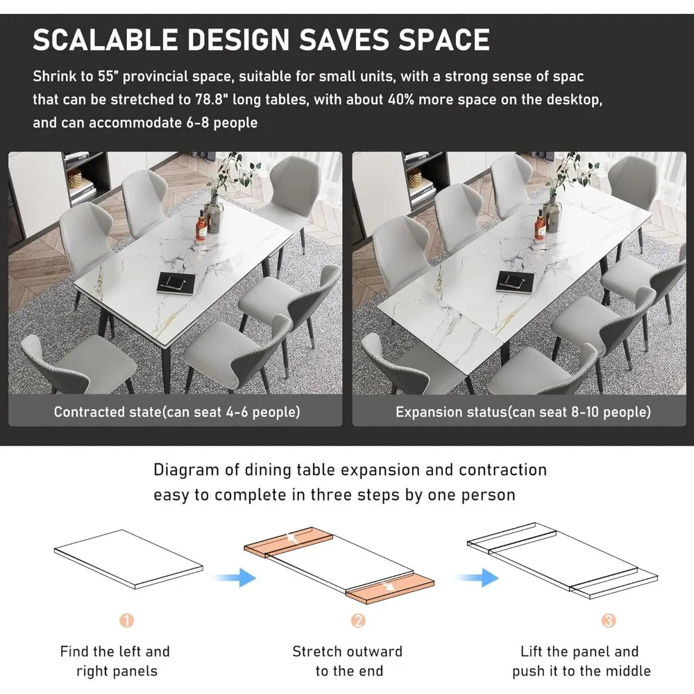 Extendable Dining Table for 4-8, 55"- 78" Rectangular Sintered Stone Dining Room Table, Faux Marble White Kitchen Table for Dini