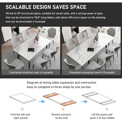 Extendable Dining Table for 4-8, 55"- 78" Rectangular Sintered Stone Dining Room Table, Faux Marble White Kitchen Table for Dini