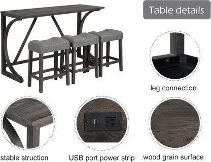 Dining Bar Table and Chairs with Power Outlet, 4 Piece Bar Table Set with Chairs, Sofa Bar Table with 3 Padded Stools