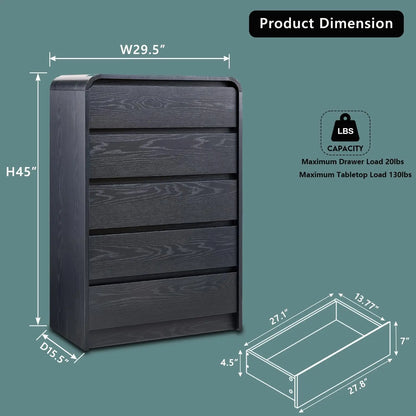 5 Drawers Dresser, Chest of Drawers w/Curved Profile Design