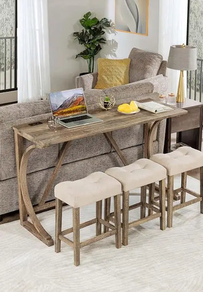 Dining Bar Table and Chairs with Power Outlet, 4 Piece Bar Table Set with Chairs, Sofa Bar Table with 3 Padded Stools
