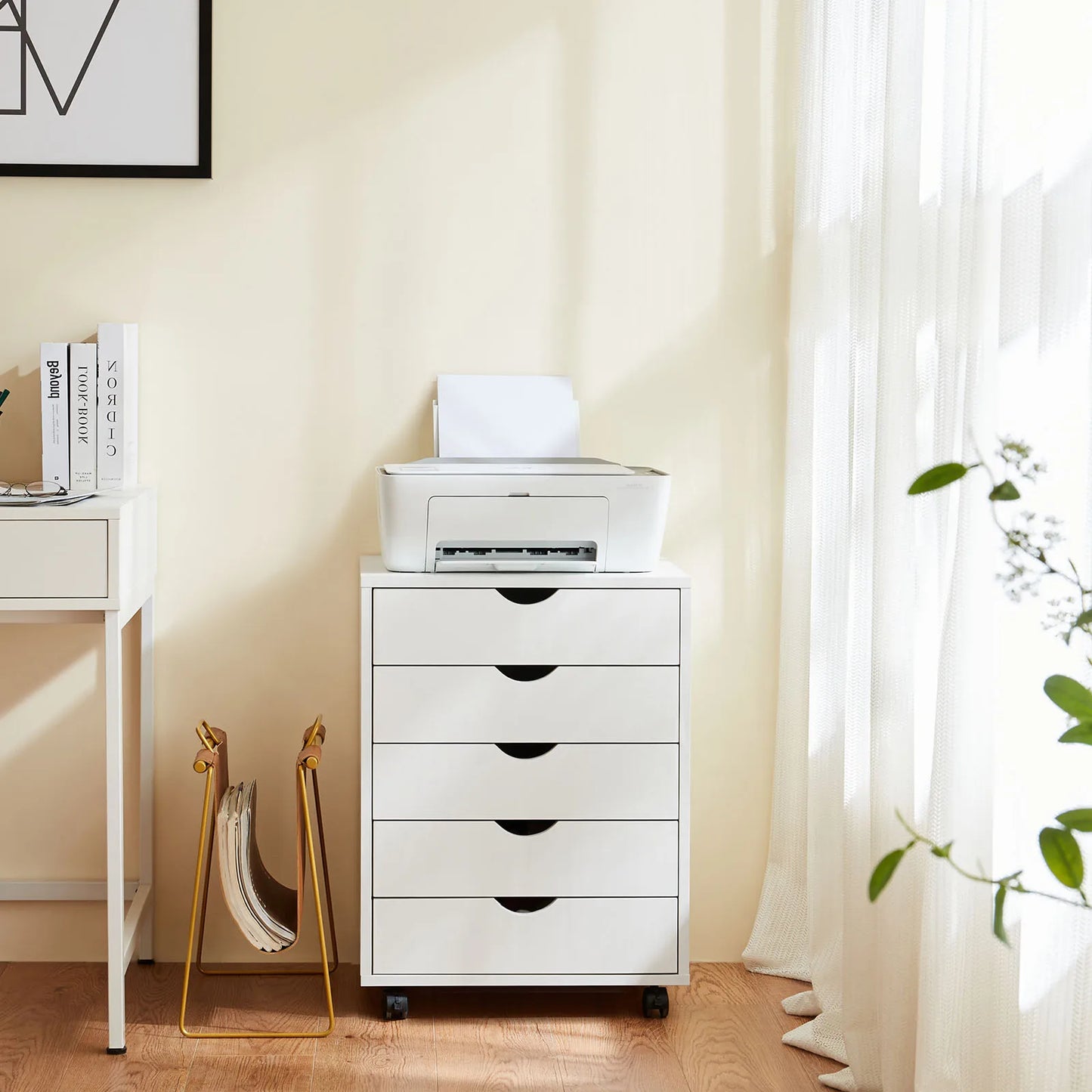 JHK Wood Nightstand Cabinet 5 Drawers Waterproof Surface Storage Organizer File Office Easy To Move Bedside Table Rotating Wheel