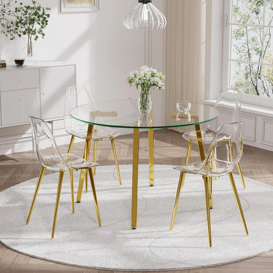 42'' Clear Round Glass Dining Table Set for 4, 5 Piece Circle Dinner Table Set, Modern Circular Kitchen and Chairs Set, Minimali