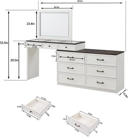 Vanity Desk with Glass Top, Dresser with 9 Storage Drawers