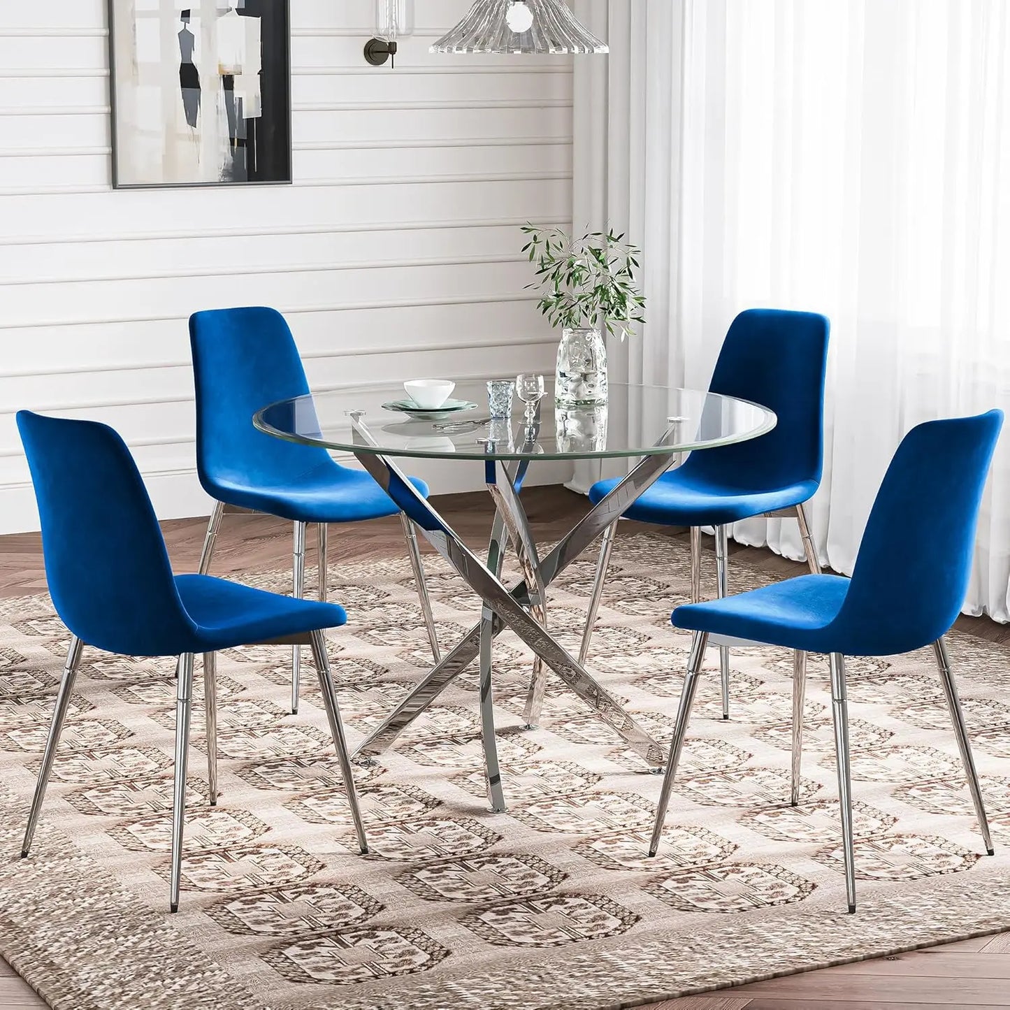 Glass Dining Table Set for 4 with Chairs, Modern 5 Piece Dining Room Set with 36" Round Tempered Glass Table & 4 Velvet Chairs