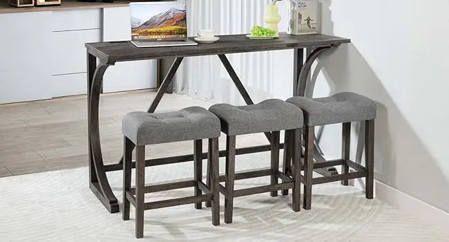 Dining Bar Table and Chairs with Power Outlet, 4 Piece Bar Table Set with Chairs, Sofa Bar Table with 3 Padded Stools