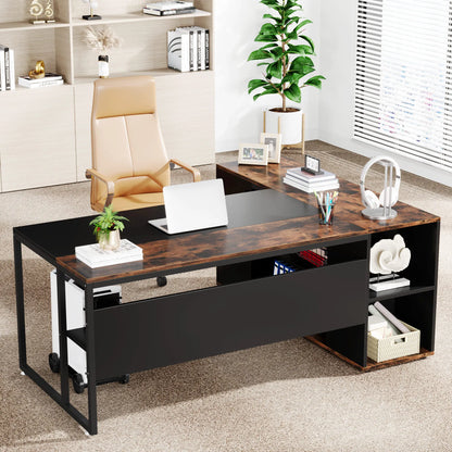 71 inch Executive Desk, L Shaped with Cabinet Storage