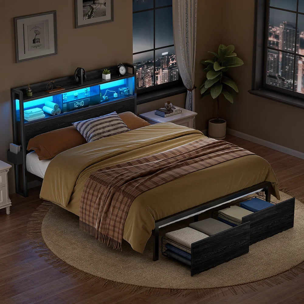 Full/Queen Size Bed Frame with Storage Headboard
