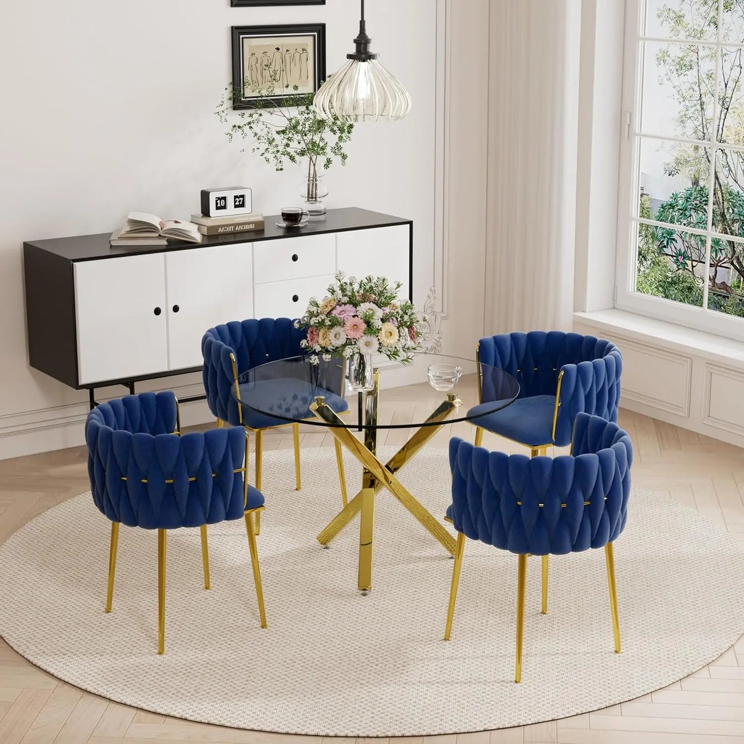 Golden Round Glass Dining Table Set for 4, 39'' Clear Dinner Table Set, 5 Pieces Modern Luxury Circle Kitchen Table and Green