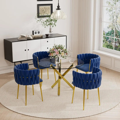 Golden Round Glass Dining Table Set for 4, 39'' Clear Dinner Table Set, 5 Pieces Modern Luxury Circle Kitchen Table and Green