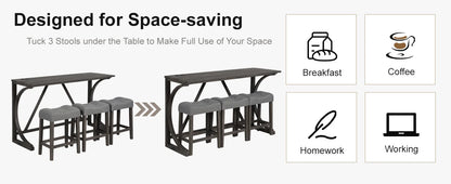 Dining Bar Table and Chairs with Power Outlet, 4 Piece Bar Table Set with Chairs, Sofa Bar Table with 3 Padded Stools