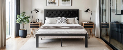 Bed Frame with Upholstered Finely Stitched Headboard - Queen, King, Full and Twin Sizes