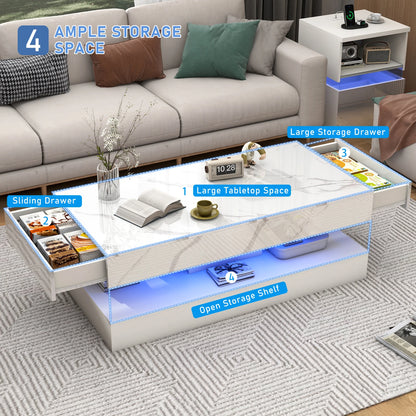 Modern Stylish Coffee Table with LED lights, Double-Layer Design for Living Room Coffee Table with 2 Storage Drawers