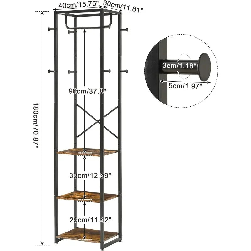 Coat Rack with 3 Shelves and 8 Hooks
