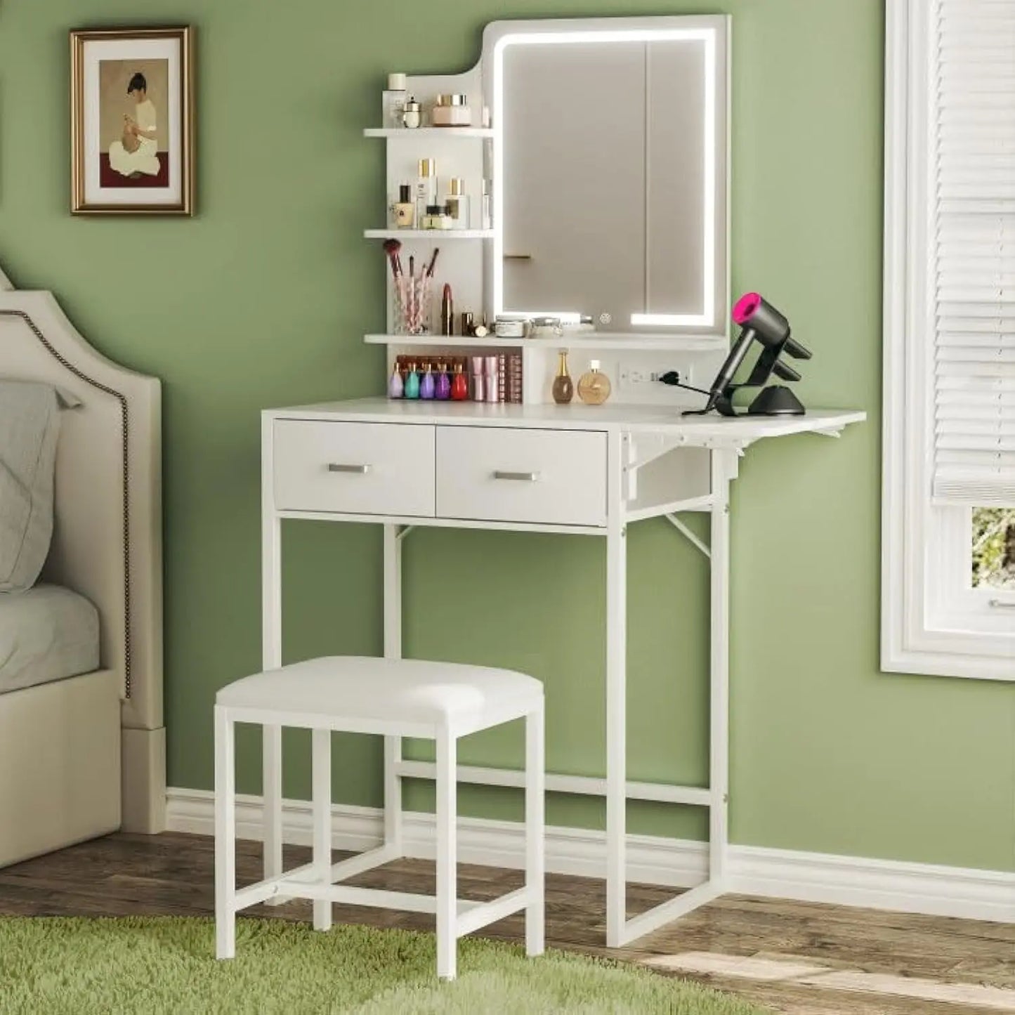 Makeup Vanity Desk with Mirror, Lights, Chair | Dresser