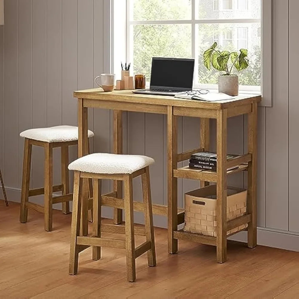 Solid Wood Counter Table Set with 2 Boucle Stools, 3-Piece Small Dining Kitchen Island Table Set for 2, with Storage