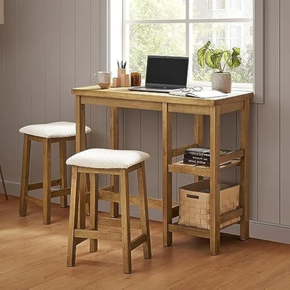 Solid Wood Counter Table Set with 2 Boucle Stools, 3-Piece Small Dining Kitchen Island Table Set for 2, with Storage
