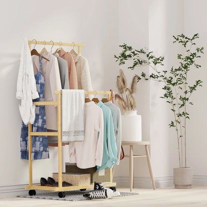 Double Hanging Rails Coat Rack with Storage Shelves