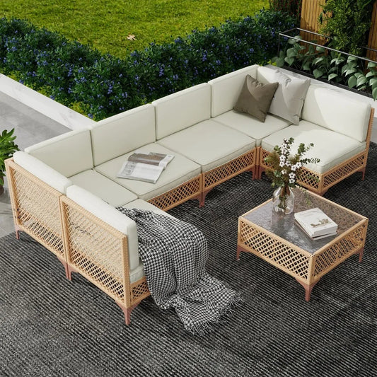 7 Piece Outdoor Patio Furniture Set, Outdoor Set with Glass Table and Cushions