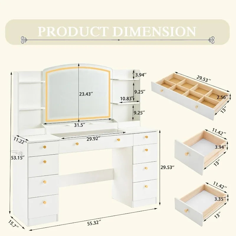 Makeup Dresser, Vanity Desk with Mirror and LED