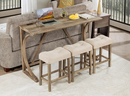 Dining Bar Table and Chairs with Power Outlet, 4 Piece Bar Table Set with Chairs, Sofa Bar Table with 3 Padded Stools