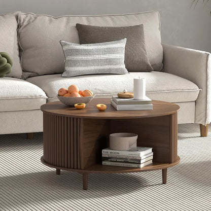 Round Coffee Table with Storage,Mid Century Modern Coffee Table with Sliding Cabinet Door,Coffee Tables,31.5" Small Center Table
