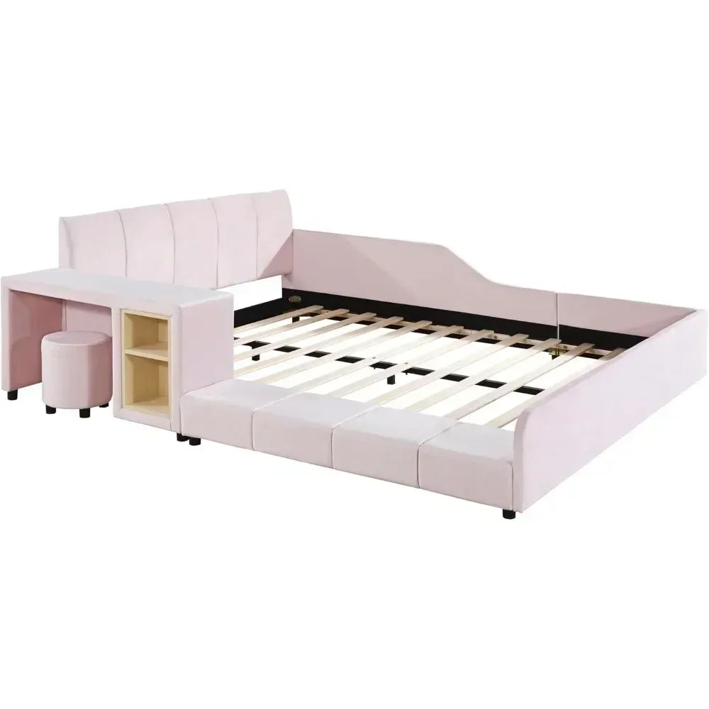 Queen Size Bed Frame with Bedside Desk and Little Round Stool